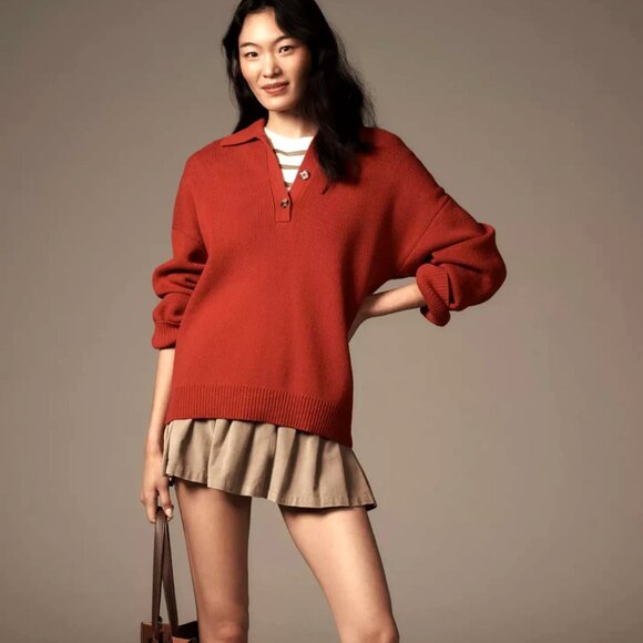 Reformation Anthropologie Brooklyn Polo Sweater Organic Cotton Sweater Red XS - Picture 4 of 10
